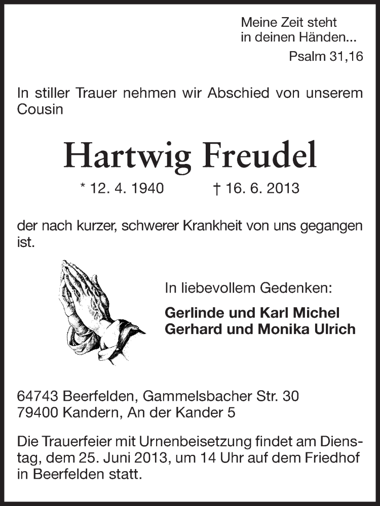  Traueranzeige für Hartwig Freudel vom 22.06.2013 aus Odenwälder Echo