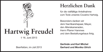 Traueranzeige von Hartwig Freudel von Odenwälder Echo