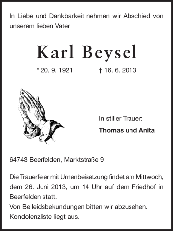 Traueranzeige von Karl Beysel von Odenwälder Echo