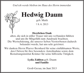 Traueranzeige von Hedwig Daum von Rüsselsheimer Echo, Groß-Gerauer-Echo, Ried Echo
