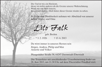 Traueranzeige von Lilo Falk von Darmstädter Echo, Odenwälder Echo, Rüsselsheimer Echo, Groß-Gerauer-Echo, Ried Echo