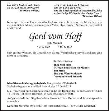 Traueranzeige von Gerd vom Hoff von Echo-Zeitungen (Gesamtausgabe)