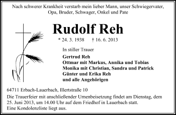 Traueranzeige von Rudolf Reh von Odenwälder Echo