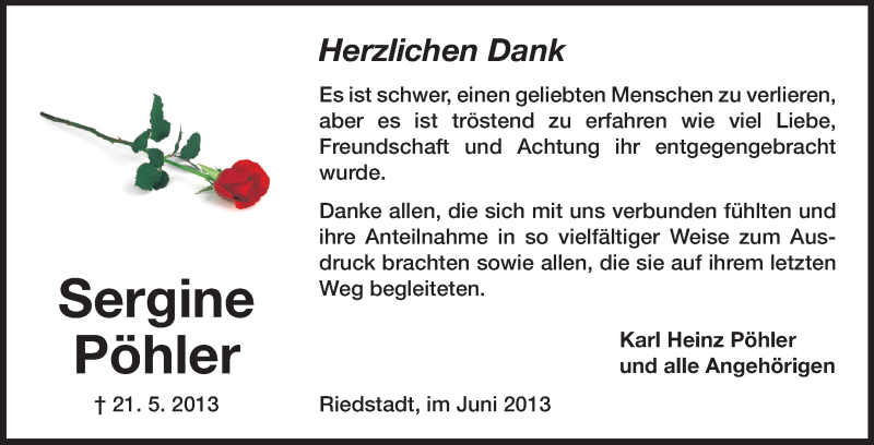  Traueranzeige für Sergine Pöhler vom 22.06.2013 aus Rüsselsheimer Echo, Groß-Gerauer-Echo, Ried Echo
