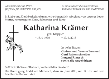 Traueranzeige von Katharina Krämer von Rüsselsheimer Echo, Groß-Gerauer-Echo, Ried Echo