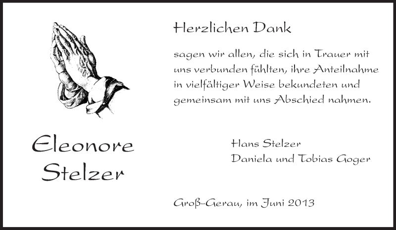  Traueranzeige für Eleonore Stelzer vom 22.06.2013 aus Rüsselsheimer Echo, Groß-Gerauer-Echo, Ried Echo