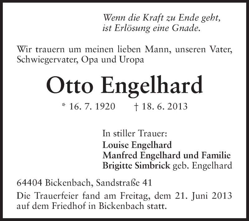  Traueranzeige für Otto Engelhard vom 22.06.2013 aus Echo-Zeitungen (Gesamtausgabe)