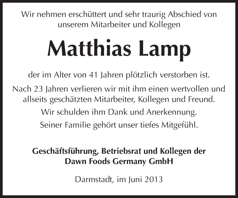  Traueranzeige für Matthias Lamp vom 22.06.2013 aus Echo-Zeitungen (Gesamtausgabe)