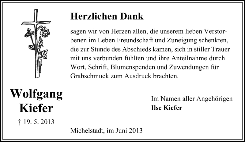  Traueranzeige für Wolfgang Kiefer vom 22.06.2013 aus Odenwälder Echo