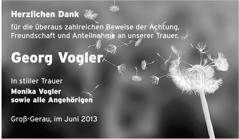  Traueranzeige für Georg Vogler vom 22.06.2013 aus Rüsselsheimer Echo, Groß-Gerauer-Echo, Ried Echo