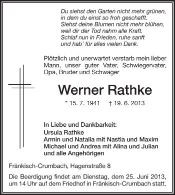 Traueranzeige von Werner Rathke von Odenwälder Echo