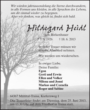 Traueranzeige von Hildegard Heidl von Darmstädter Echo, Odenwälder Echo, Rüsselsheimer Echo, Groß-Gerauer-Echo, Ried Echo