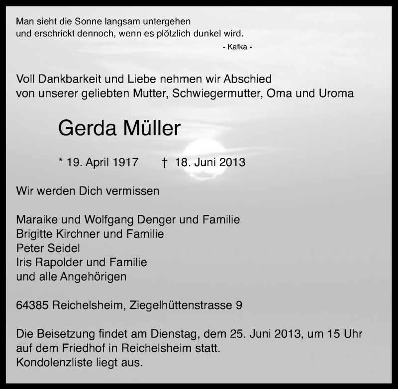 Traueranzeige für Gerda Müller vom 22.06.2013 aus Echo-Zeitungen (Gesamtausgabe)