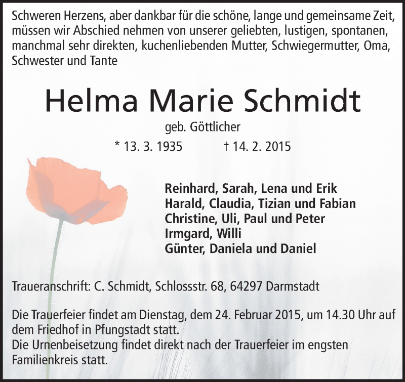  Traueranzeige für Helma Marie Schmidt vom 21.02.2015 aus Darmstädter Echo, Odenwälder Echo, Rüsselsheimer Echo, Groß-Gerauer-Echo, Ried Echo