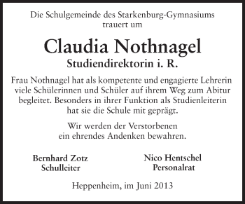 Traueranzeige von Claudia Nothnagel von Starkenburger Echo