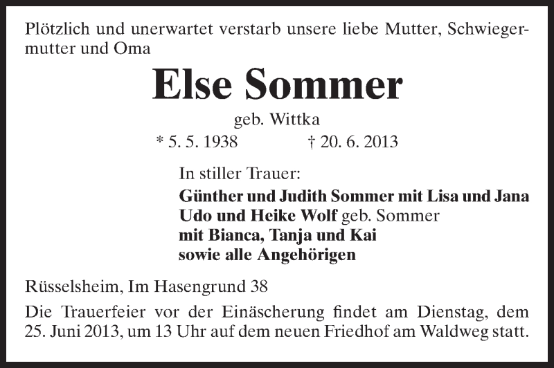  Traueranzeige für Else Sommer vom 22.06.2013 aus Rüsselsheimer Echo, Groß-Gerauer-Echo, Ried Echo