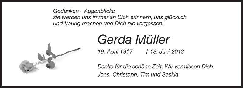  Traueranzeige für Gerda Müller vom 22.06.2013 aus Echo-Zeitungen (Gesamtausgabe)