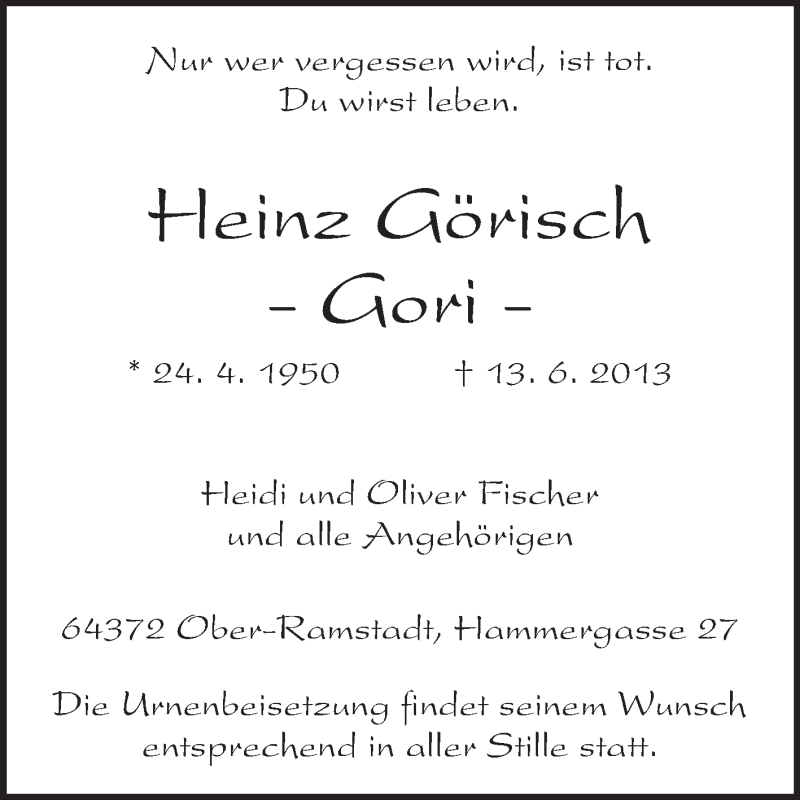  Traueranzeige für Heinz Görisch vom 22.06.2013 aus Echo-Zeitungen (Gesamtausgabe)