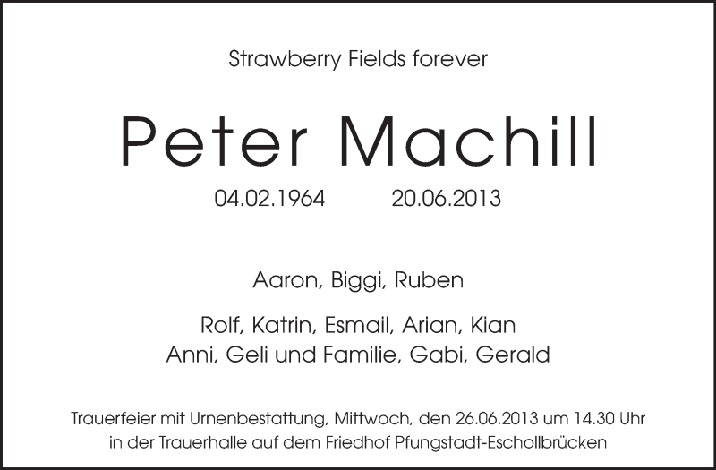  Traueranzeige für Peter Machill vom 22.06.2013 aus Echo-Zeitungen (Gesamtausgabe)