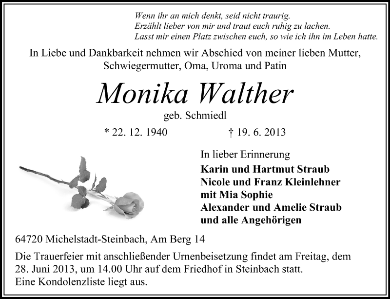  Traueranzeige für Monika Walther vom 22.06.2013 aus Odenwälder Echo