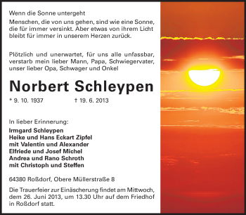 Traueranzeige von Norbert Schleypen von Echo-Zeitungen (Gesamtausgabe)