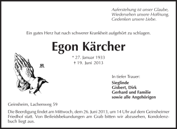 Traueranzeige von Egon Kärcher von Rüsselsheimer Echo, Groß-Gerauer-Echo, Ried Echo
