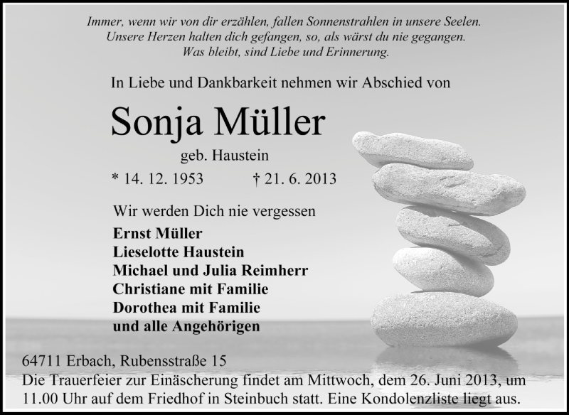  Traueranzeige für Sonja Müller vom 24.06.2013 aus Odenwälder Echo