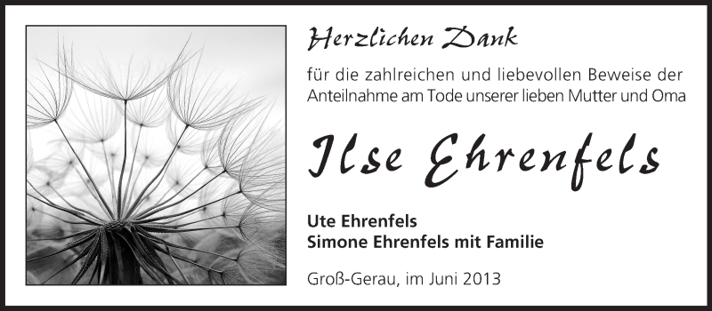  Traueranzeige für Ilse Ehrenfels vom 29.06.2013 aus Rüsselsheimer Echo, Groß-Gerauer-Echo, Ried Echo
