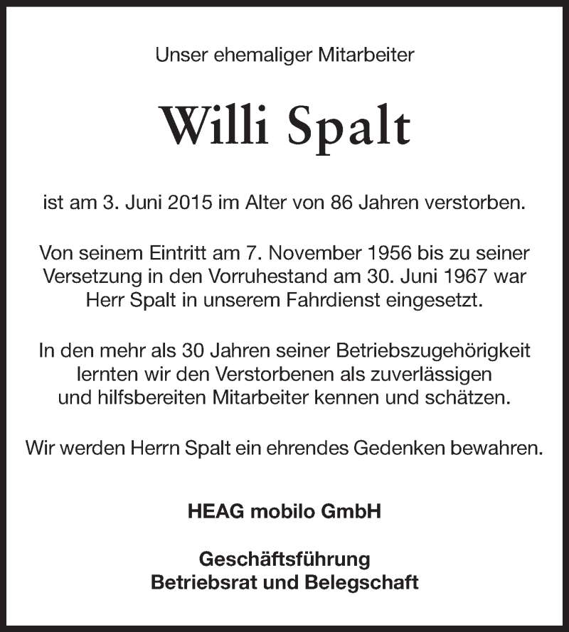  Traueranzeige für Willi Spalt vom 11.06.2015 aus Echo-Zeitungen (Gesamtausgabe)
