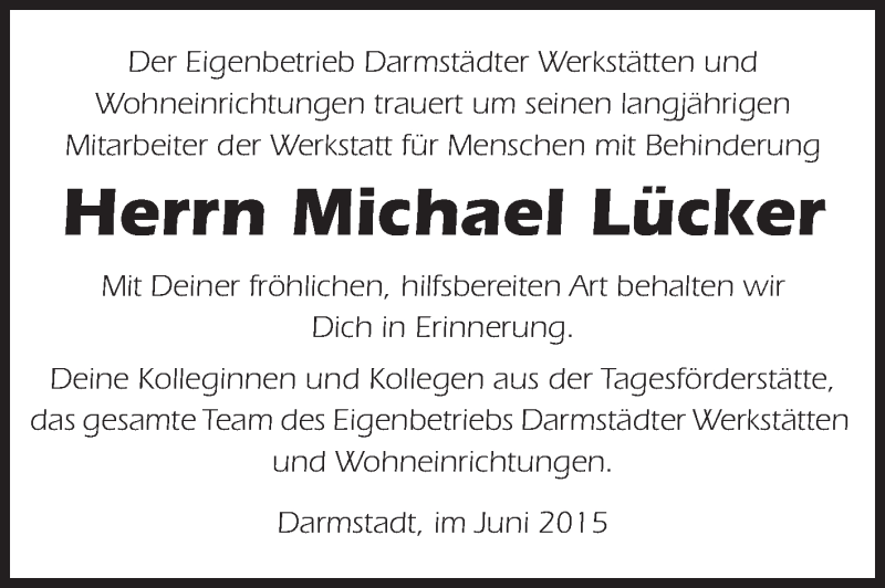  Traueranzeige für Michael Lücker vom 19.06.2015 aus Echo-Zeitungen (Gesamtausgabe)