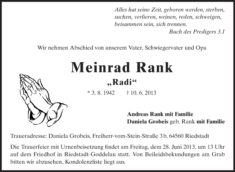  Traueranzeige für Meinhard Rank vom 26.06.2013 aus Echo-Zeitungen (Gesamtausgabe)