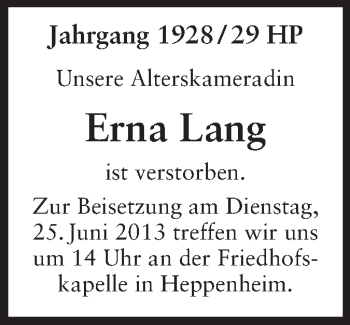 Traueranzeige von Erna Lang von Starkenburger Echo