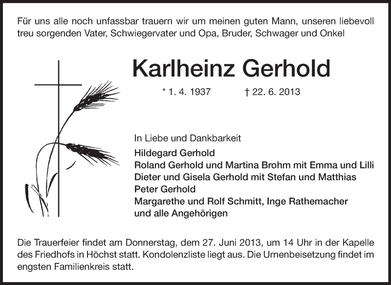  Traueranzeige für Karlheinz Gerhold vom 25.06.2013 aus Odenwälder Echo