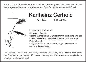 Traueranzeige von Karlheinz Gerhold von Odenwälder Echo