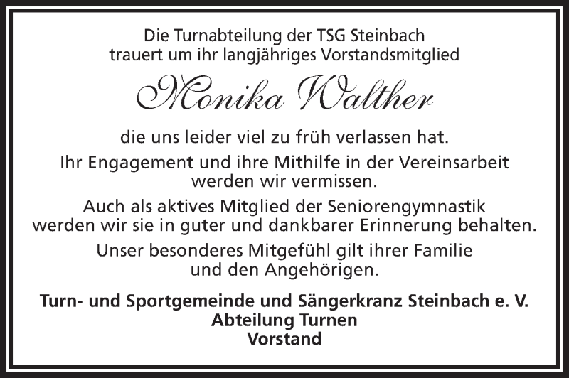  Traueranzeige für Monika Walther vom 26.06.2013 aus Odenwälder Echo