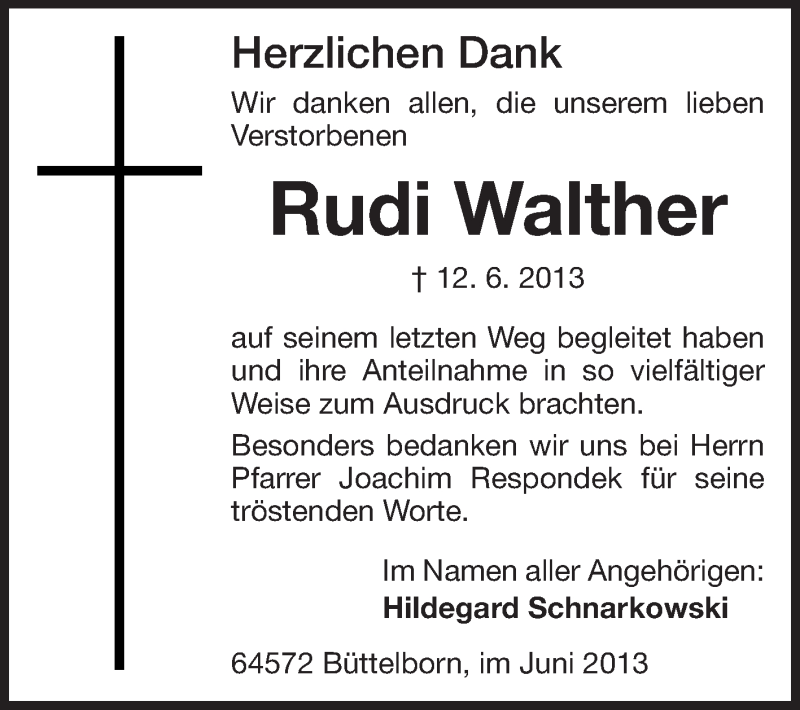  Traueranzeige für Rudi Walther vom 29.06.2013 aus Rüsselsheimer Echo, Groß-Gerauer-Echo, Ried Echo