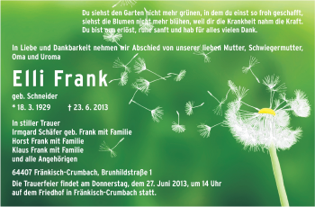 Traueranzeige von Elli Frank von Odenwälder Echo