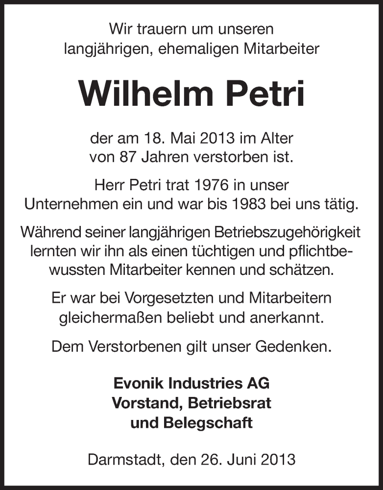  Traueranzeige für Wilhelm Petri vom 26.06.2013 aus Echo-Zeitungen (Gesamtausgabe)
