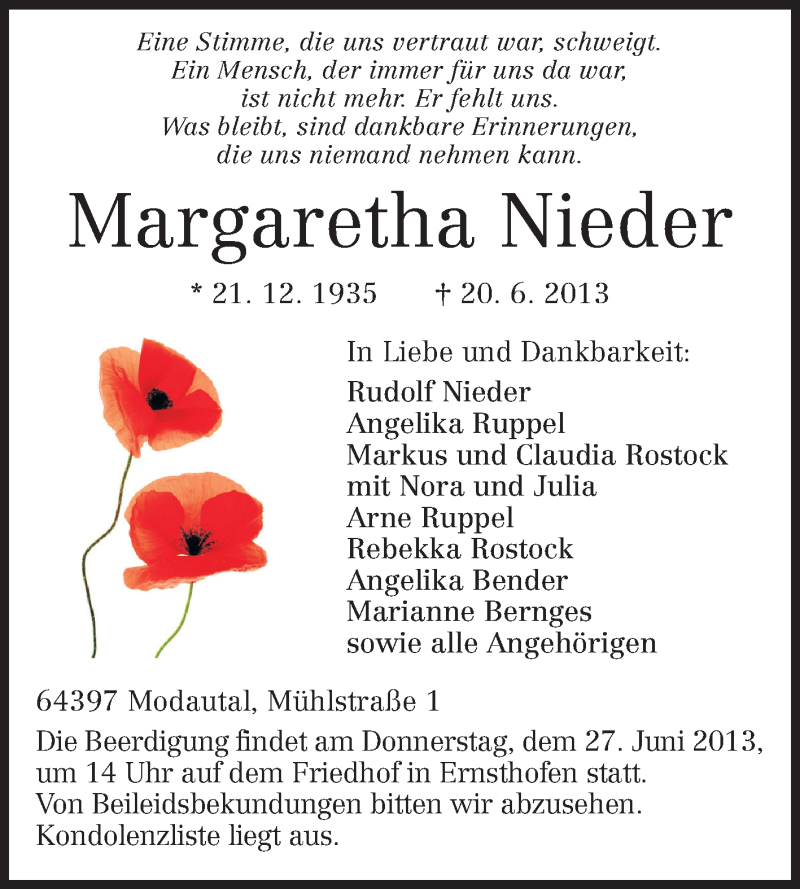  Traueranzeige für Margaretha Nieder vom 25.06.2013 aus Echo-Zeitungen (Gesamtausgabe)