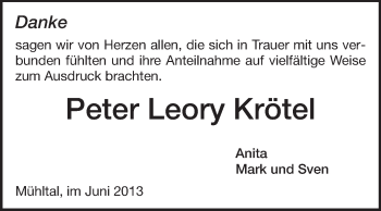 Traueranzeige von Peter Leory Krötel von Echo-Zeitungen (Gesamtausgabe)