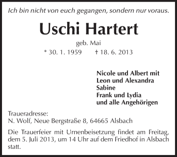 Traueranzeige von Uschi Hartert von Echo-Zeitungen (Gesamtausgabe)