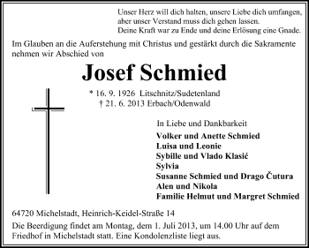 Traueranzeige von Josef Schmied von Odenwälder Echo