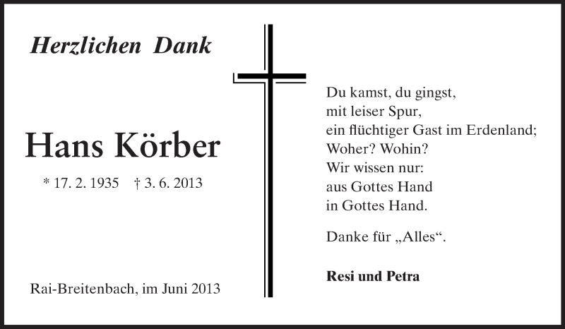  Traueranzeige für Hans Körber vom 27.06.2013 aus Odenwälder Echo