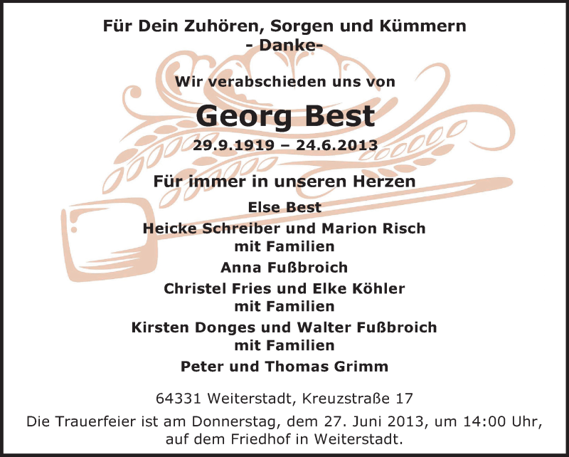  Traueranzeige für Georg Best vom 26.06.2013 aus Echo-Zeitungen (Gesamtausgabe)