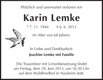 Traueranzeige von Karin Lemke von Rüsselsheimer Echo, Groß-Gerauer-Echo, Ried Echo