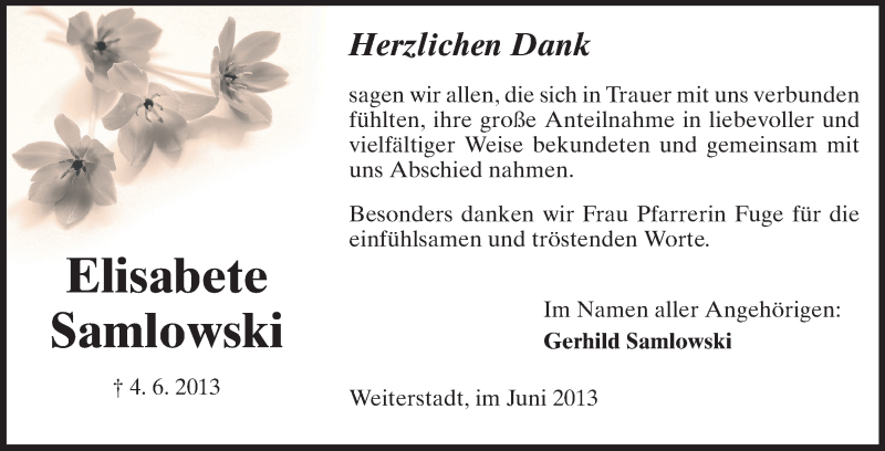  Traueranzeige für Elisabete Samlowski vom 29.06.2013 aus Echo-Zeitungen (Gesamtausgabe)
