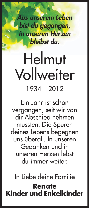 Traueranzeige von Helmut Vollweiter von Echo-Zeitungen (Gesamtausgabe)
