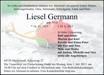 Traueranzeige von Liesel Germann von Odenwälder Echo