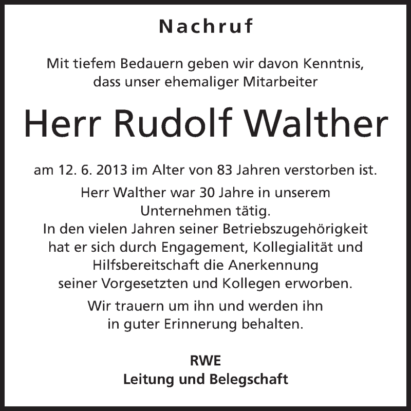  Traueranzeige für Rudolf Walther vom 27.06.2013 aus Rüsselsheimer Echo, Groß-Gerauer-Echo, Ried Echo