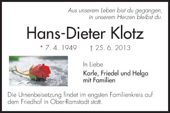 Traueranzeige von Hans-Dieter Klotz von Echo-Zeitungen (Gesamtausgabe)